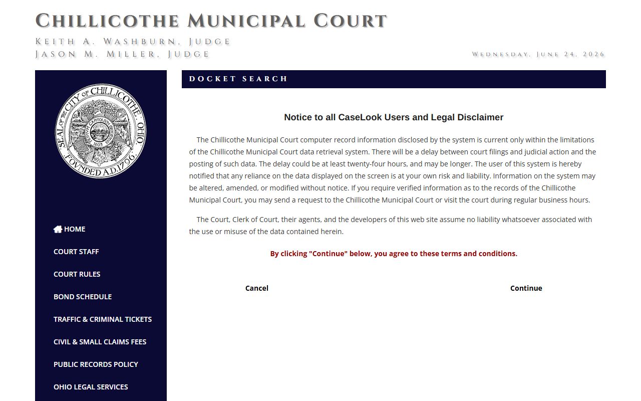 Ross County municipal court records after arrest CaseLook disclaimer