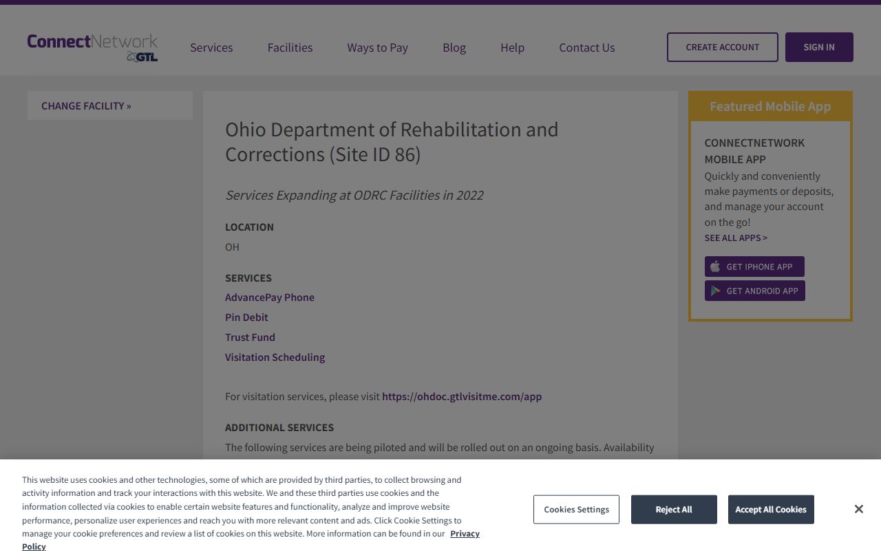ConnectNetwork ODRC services for Chillicothe Correctional Institution phone money and visitation