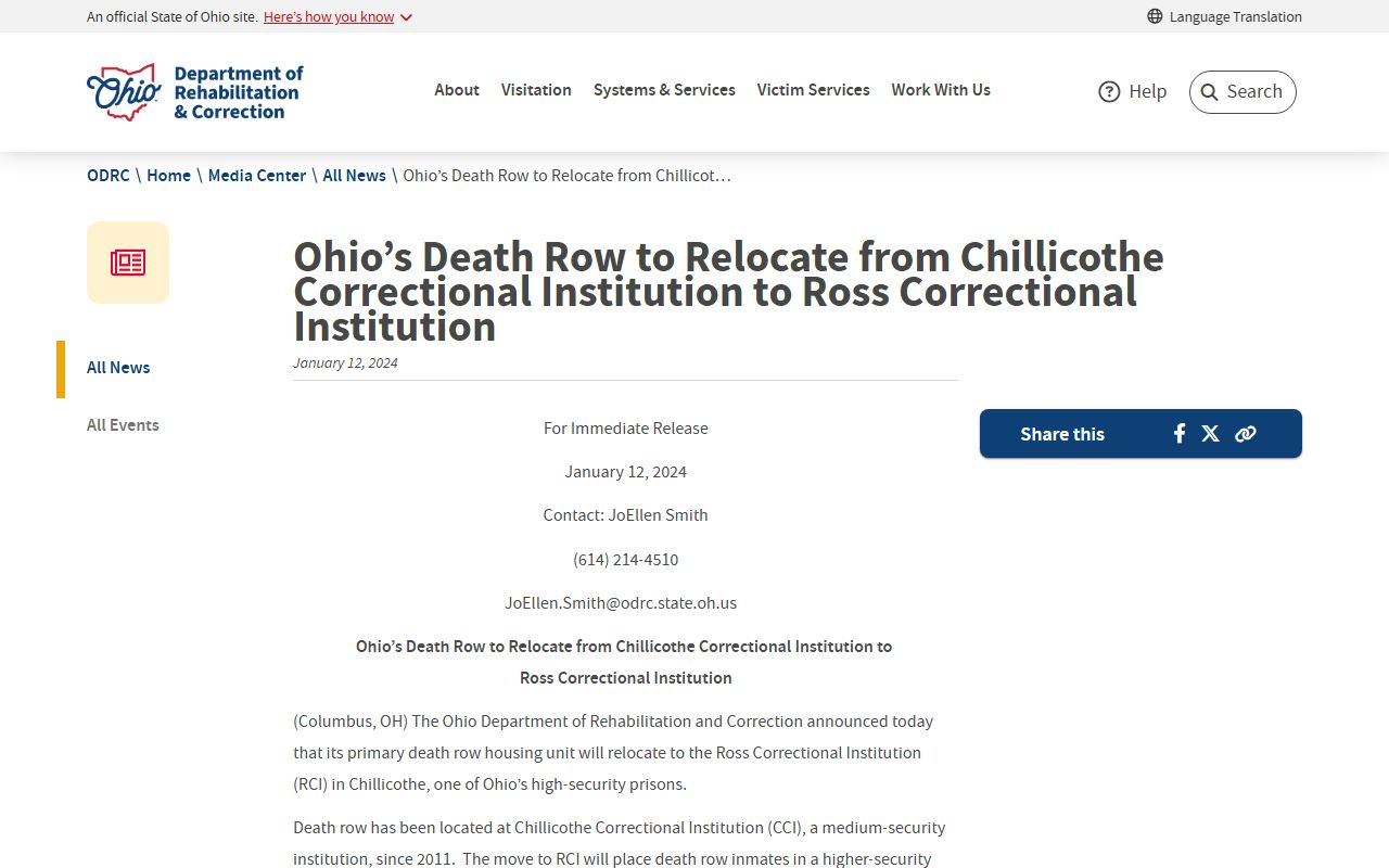 ODRC death row relocation announcement involving Ross Correctional Institution