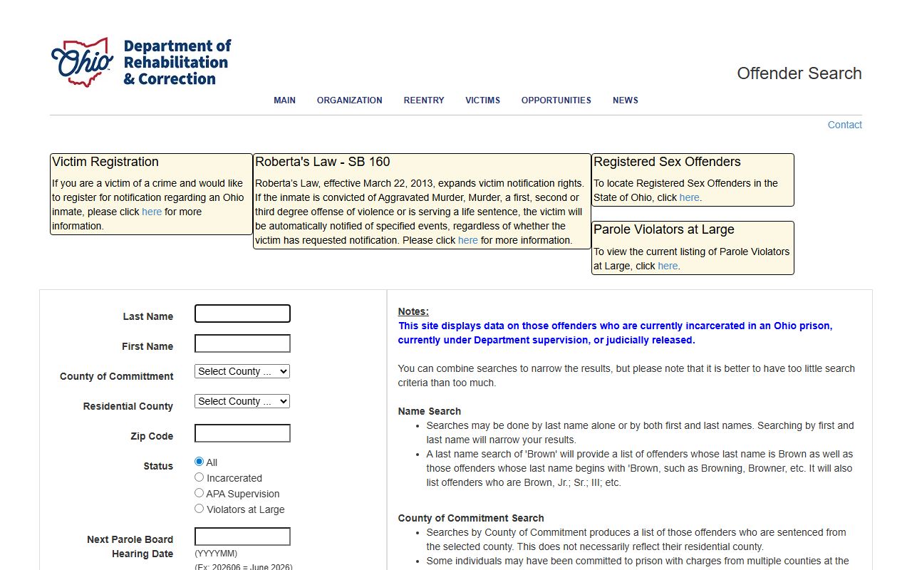 ODRC Offender Search form for Chillicothe Correctional Institution inmates