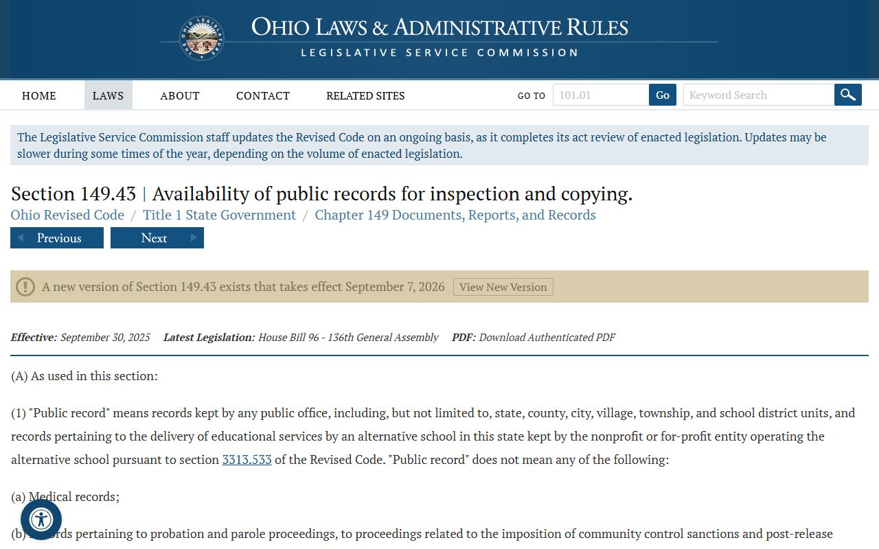Ohio Public Records Act source for Ross County inmate population records