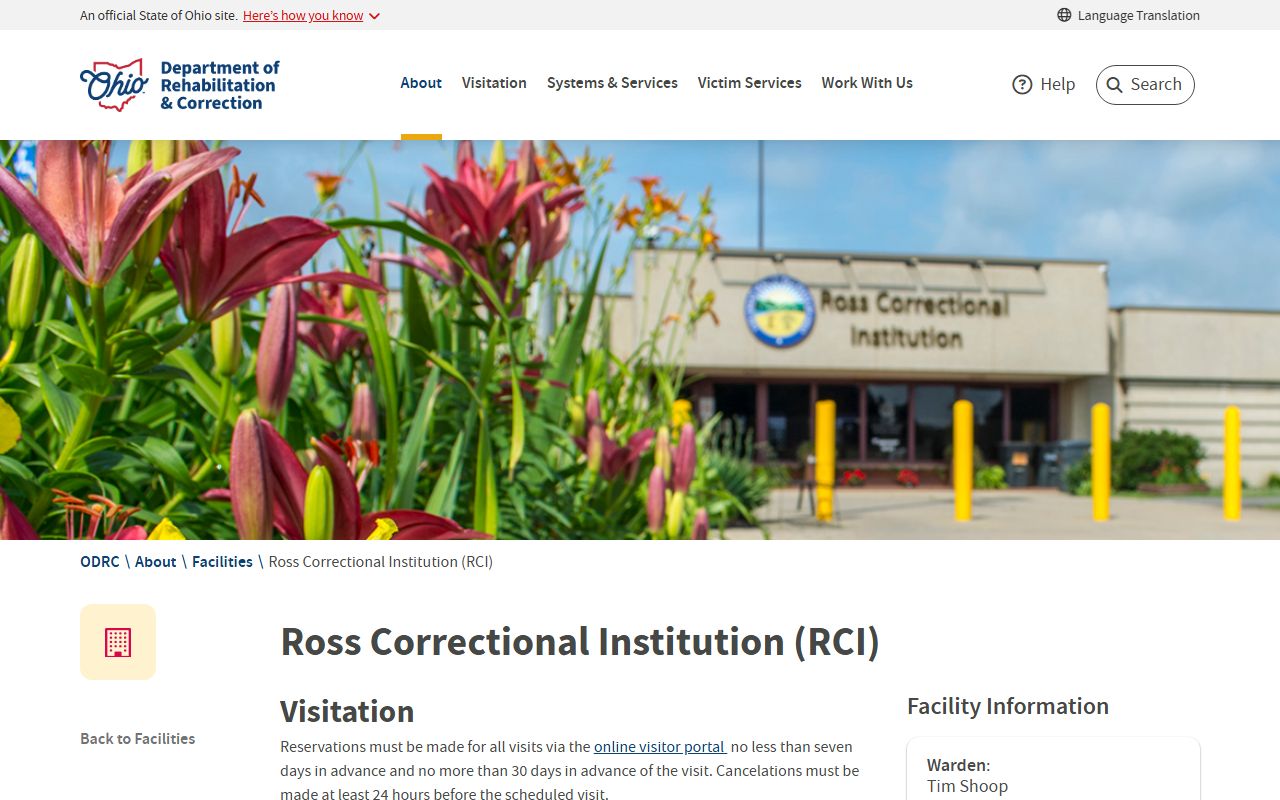 Ross Correctional Institution ODRC facility page for inmate custody search