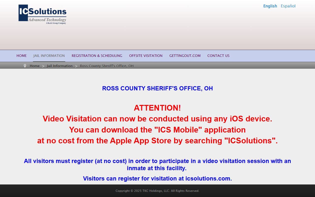 Ross County Jail ICSolutions visitation registration page