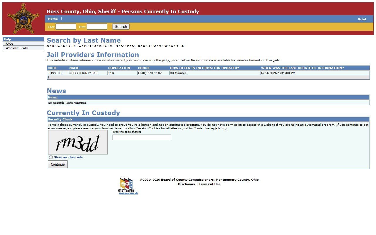 Ross County Jail roster search page for current custody records